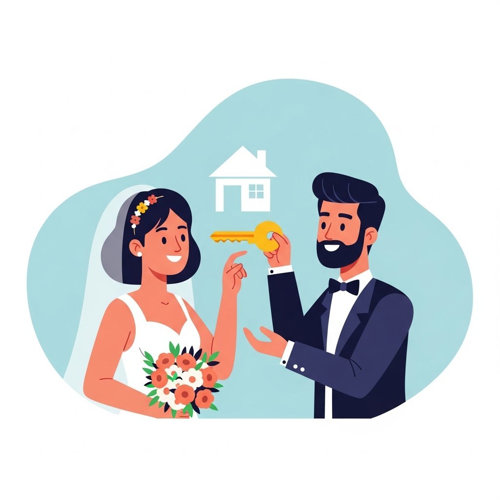신혼부부가 새 집 열쇠를 들고 행복해하는 따뜻한 일러스트