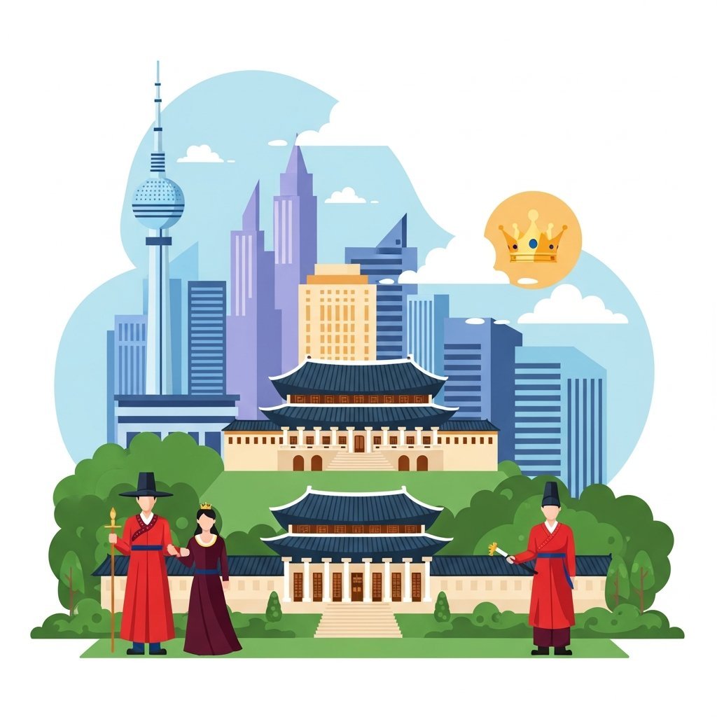 현대적인 왕실 로맨스 드라마 컨셉의 일러스트레이션, 입헌군주제 대한민국을 배경으로 한 고급스러운 궁궐과 현대 도시가 어우러진 모습