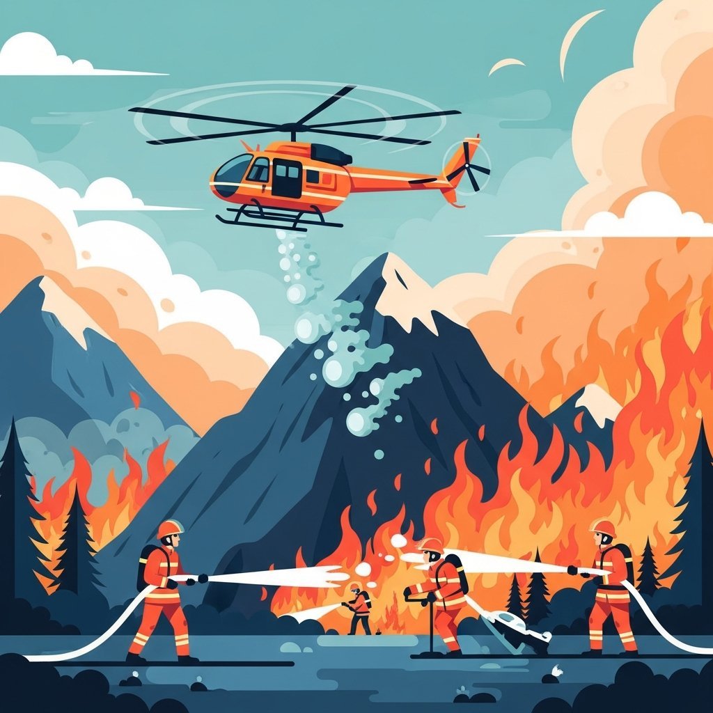 헬기와 소방관이 산불을 진화하는 모습을 표현한 역동적인 일러스트레이션