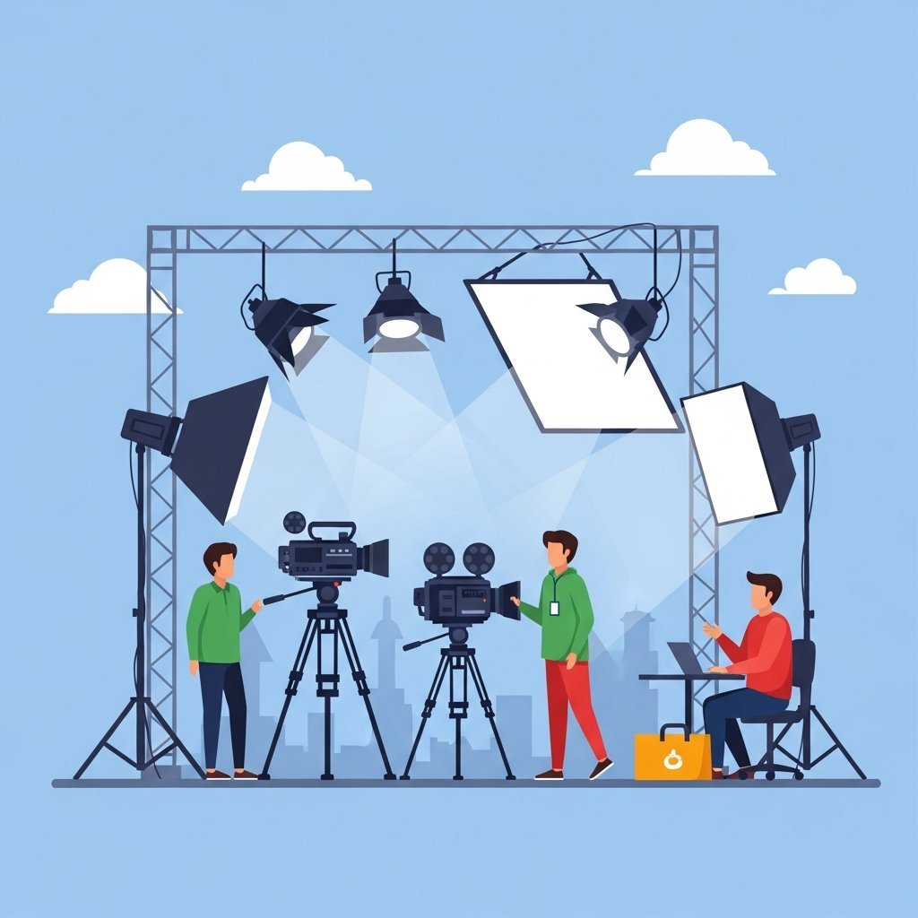 드라마 제작 현장의 분위기를 담은 일러스트레이션, 카메라와 조명이 있는 촬영장 모습