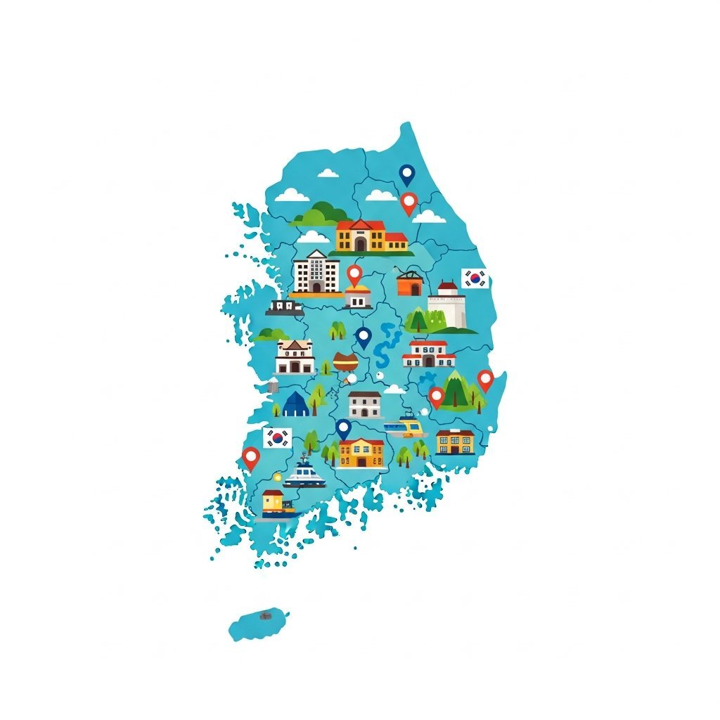 대한민국 지도와 도시 마을이 표시된 밝은 컬러의 일러스트