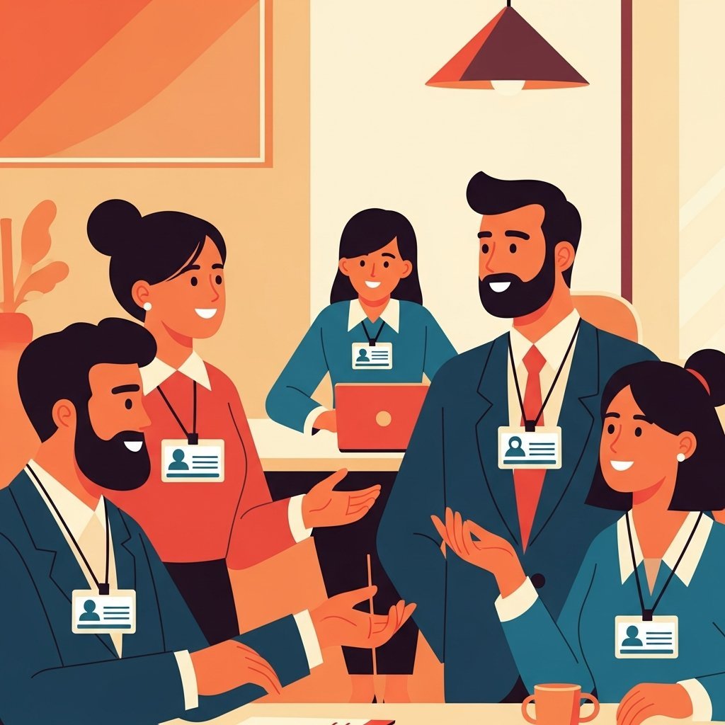 닉네임 명찰을 달고 자유롭게 대화하는 직장인들의 모습을 표현한 따뜻한 톤의 일러스트레이션