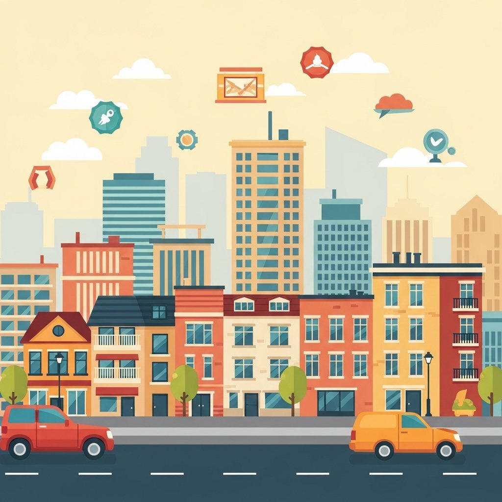 다양한 스타일의 아파트 건물들이 나란히 서있는 도시 풍경 일러스트레이션, 밝고 따뜻한 색감