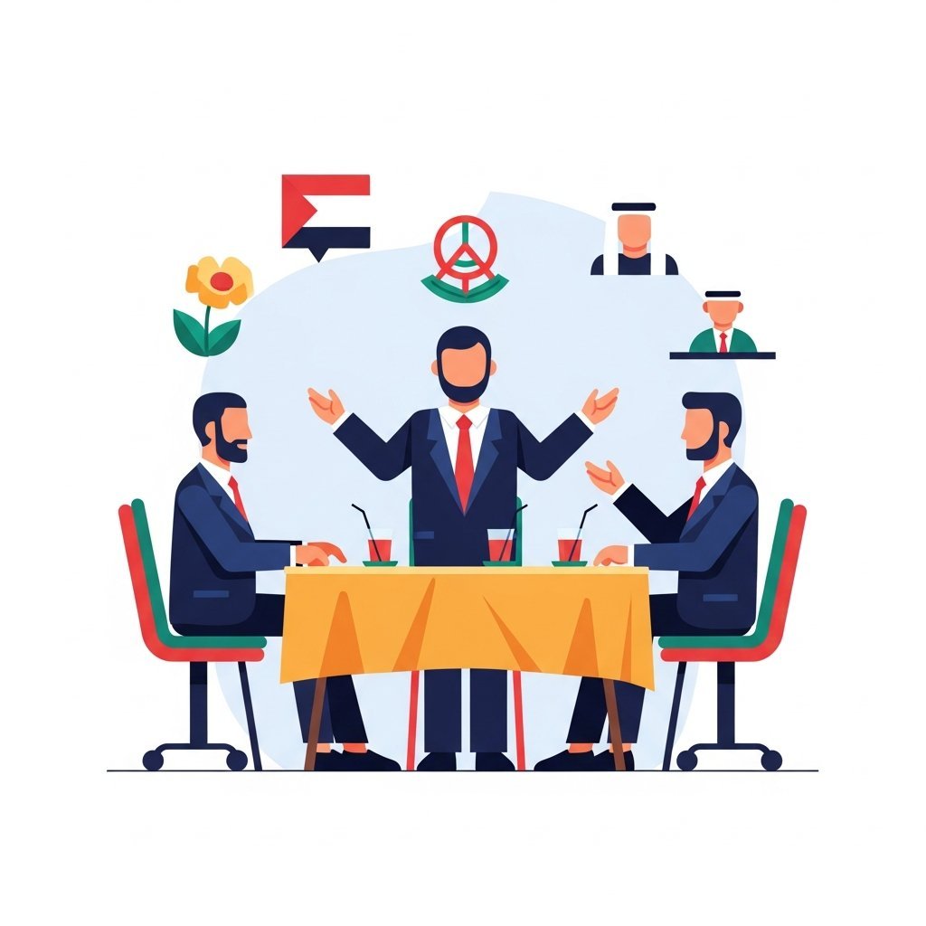 중동 평화 협상 테이블에서 논의하는 외교관들의 일러스트레이션