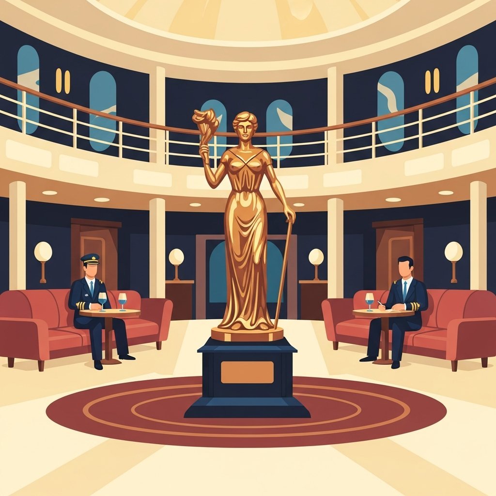 타이타닉호 일등석 라운지에 있던 다이애나 동상과 당시 모습을 표현한 일러스트레이션