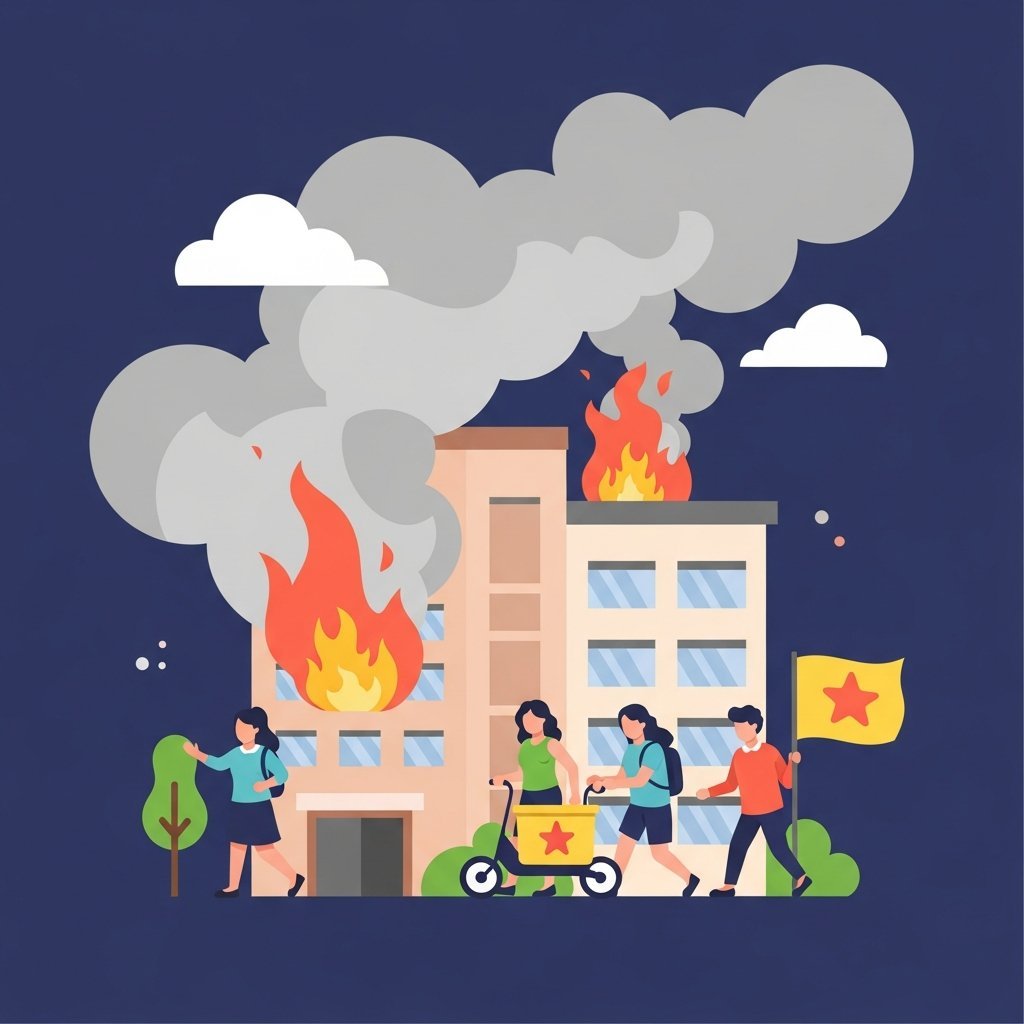 아파트 건물에서 연기가 피어오르는 장면, 주민들이 안전한 곳으로 대피하는 모습