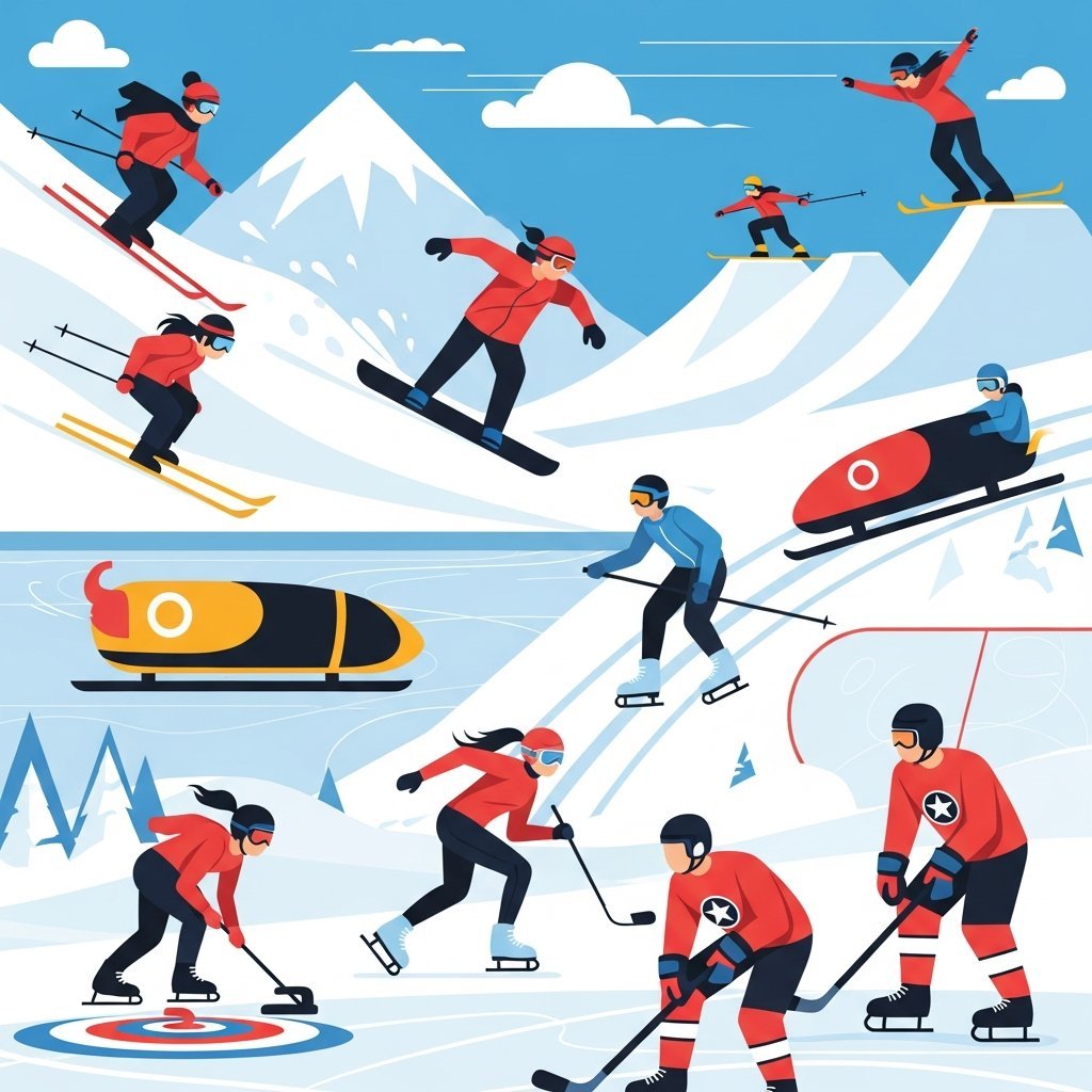 다양한 동계스포츠 종목을 표현하는 역동적인 스포츠 일러스트