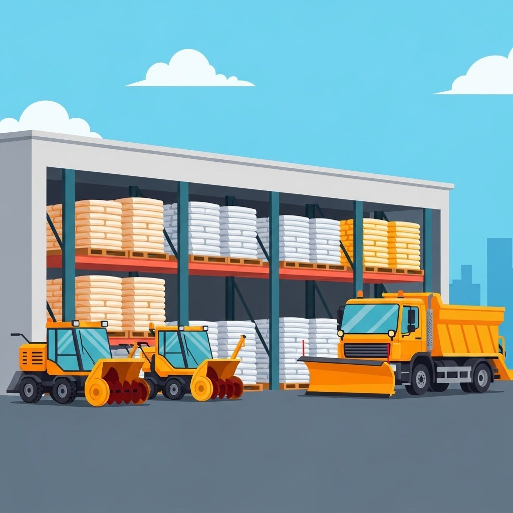 제설제 비축 창고와 제설 장비가 준비된 모습을 표현한 일러스트레이션
