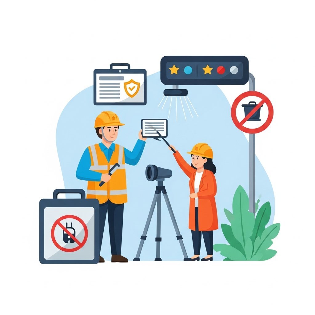 안전 검사와 품질 관리를 표현하는 인포그래픽 스타일 일러스트레이션