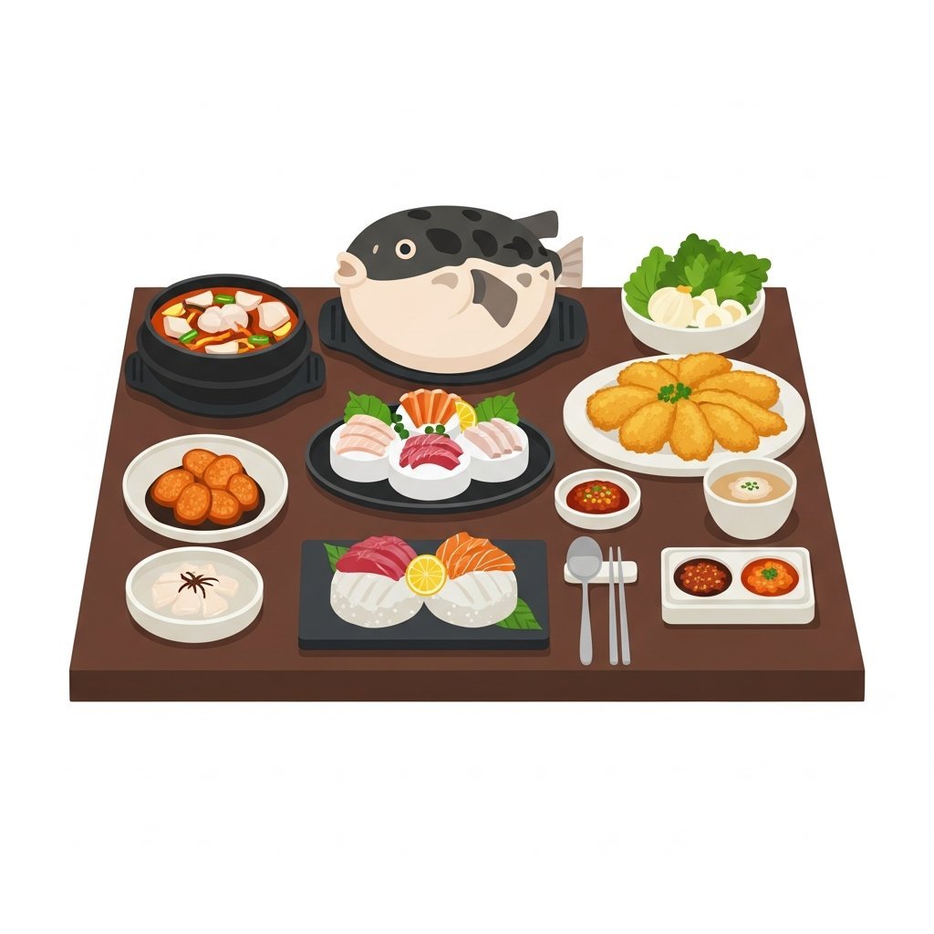 복국, 복회, 복튀김 등 다양한 복어 요리가 한상차림으로 놓인 고급스러운 한식 테이블 일러스트