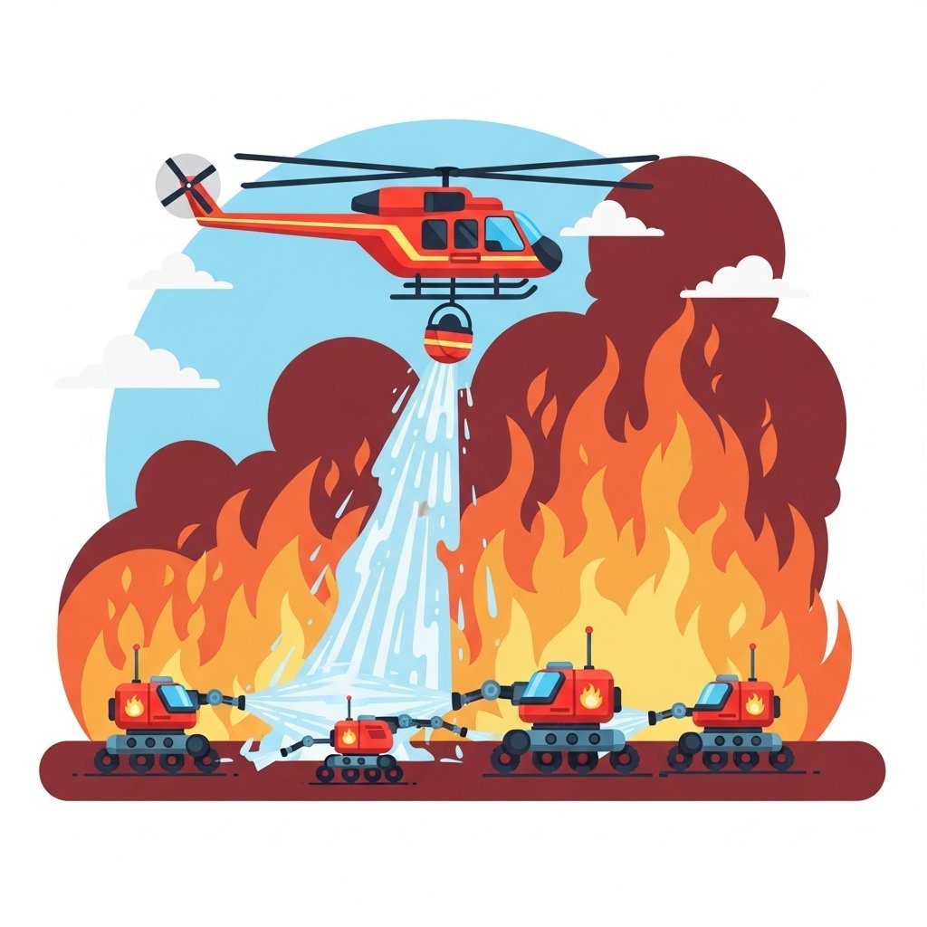 소방 헬기와 무인 소방 로봇이 대형 화재 현장에서 진화 작업을 하는 모습의 일러스트레이션