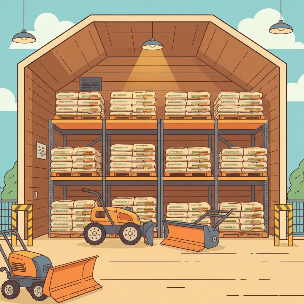 제설 장비와 염화칼슘 포대가 쌓인 창고를 보여주는 따뜻한 일러스트레이션