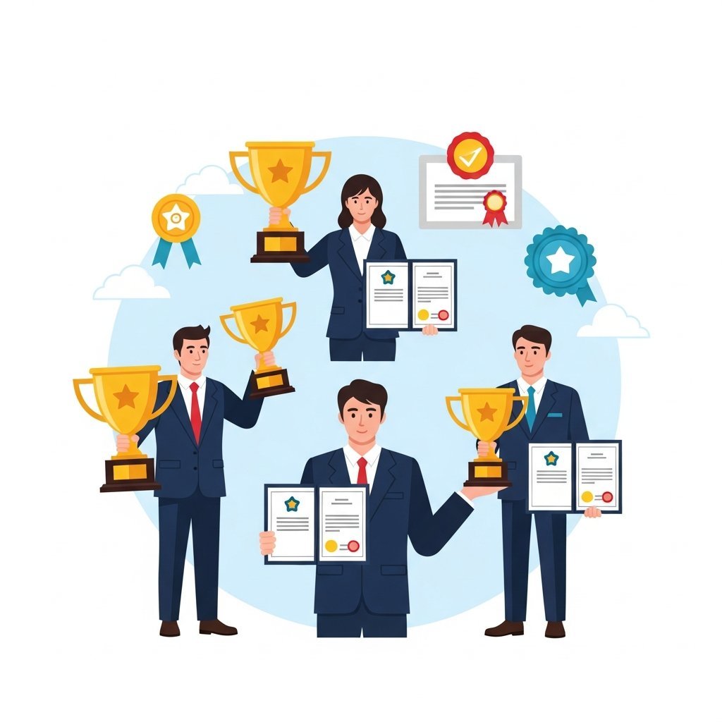 정부 우수기관 선정과 시상을 표현하는 일러스트, 트로피와 인증서를 들고 있는 공무원들