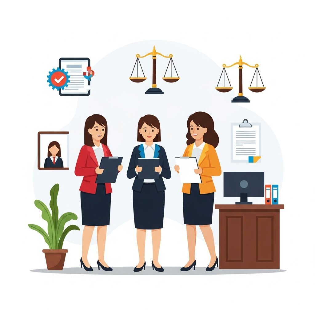 세 명의 전문직 여성이 함께 서 있는 역동적인 장면, 법률 사무소 배경