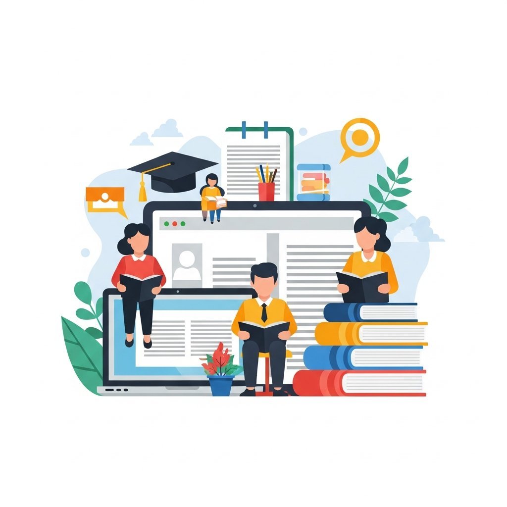 교육과 학습을 표현하는 깔끔한 일러스트레이션, 노트북과 책, 사람들이 함께 배우는 모습