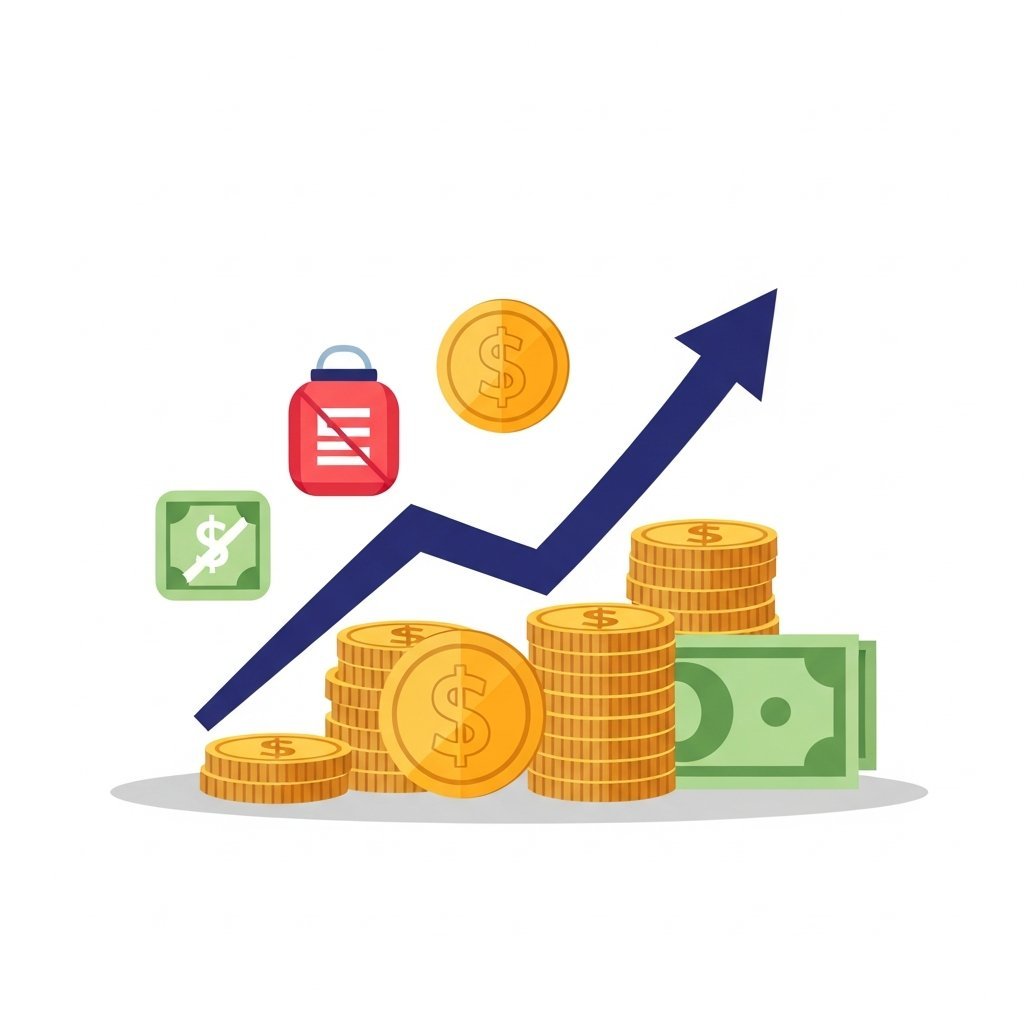 동전과 지폐가 쌓이고 화살표가 위로 향하는 저축과 환급 개념을 표현한 밝은 색감의 미니멀 일러스트, 텍스트 없음