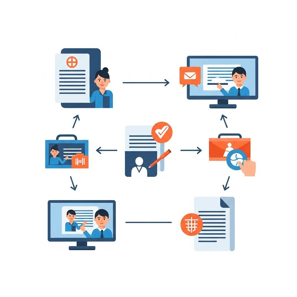 온라인 진료기록 조회 및 발급 절차를 표현하는 인포그래픽 일러스트