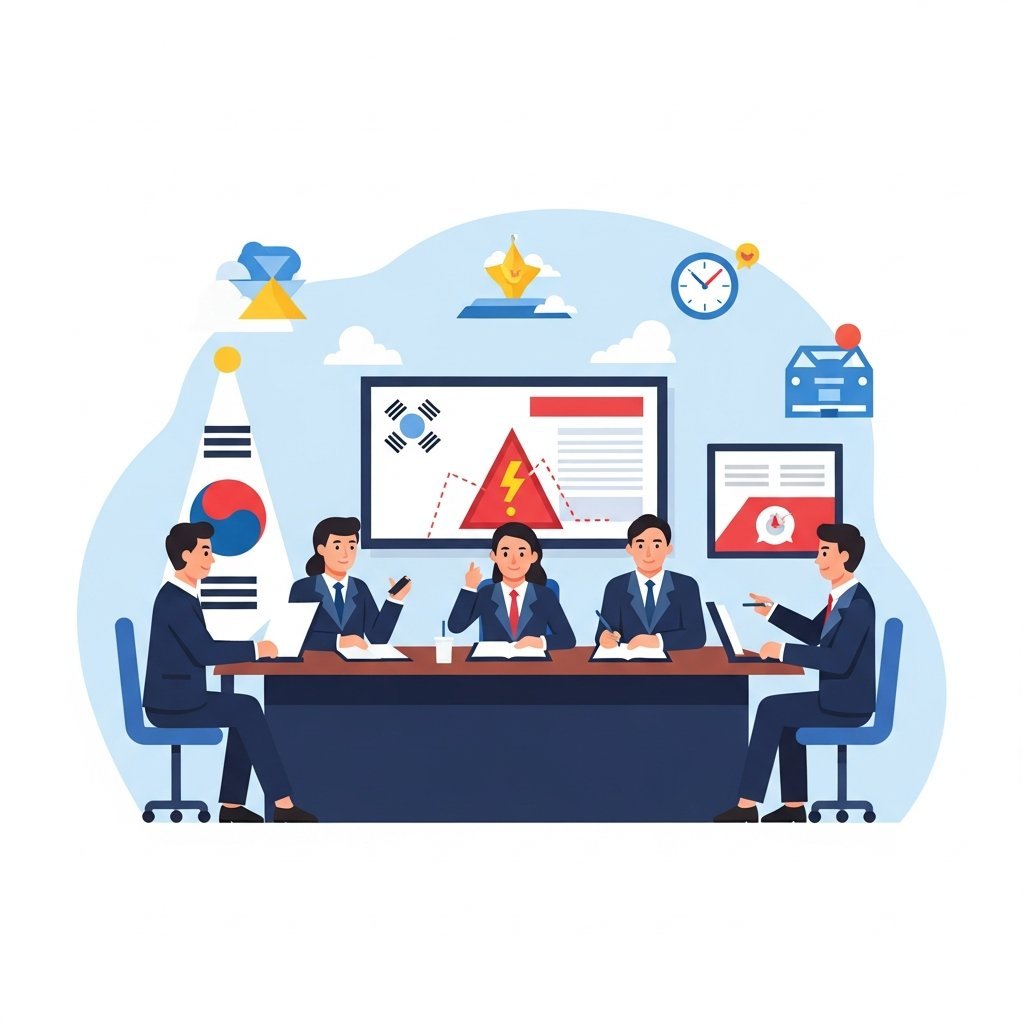 정부 관계자가 긴급 대책 회의를 진행하는 모습의 공식적인 일러스트